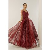 By Saygı Lined with Beads, Glitter Flocked Print Long Dress Cene
