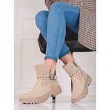 SHELOVET Beige women's ankle boots made of ecological suede cene