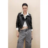 Defacto Relax Fit Faux Leather Belted Crop Biker Jacket