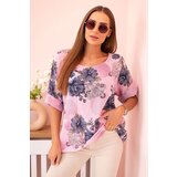 Kesi Włoski Women's cotton blouse with short sleeves and a floral pattern light pink | Shoptok.si