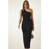 Happiness İstanbul Women's Black One-Shoulder Slit Wrap Knitted Dress