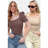 Trend Alaçatı Stili Women's Brown-Beige Square Collar 2-Pack Princess Sleeve Regular Fit Blouse Cene