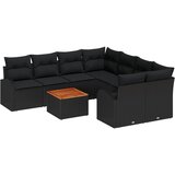 vidaXL 9-dijelni set vrtne sofe s jastucima Crni Poli ratan Akacija, 2-sjedalna vrtna sofa s prostorom za pohranu i jastucima Crni Poli ratan Cijene