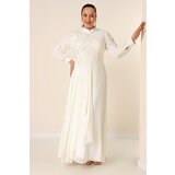 By Saygı Beaded Embroidered Lined Plus Size Long Chiffon Dress with Flounce on the Front Cene