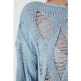  Women's Sky Blue Boat Neck Seasonal Openwork Knitwear Sweater | shoptok.hr