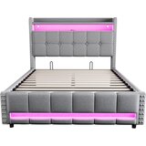 Lumor Oblazinjena postelja s predalom 140x200 cm – z LED osvetlitvijo + USB priključkom – z odlagalnimi policami – lan – siva, (22151387) | Shoptok.si