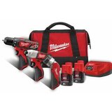  Milwaukee Aku set subkompaktna bušilica, subkompaktni udarni odvrtač i LED lampa sa dve baterije i punjačem u torbi M12 BPP3A-202B | ePonuda.com