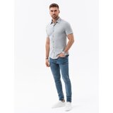 Ombre Men's knitted slim fit shirt with short sleeves and collar - grey | ePonuda.com