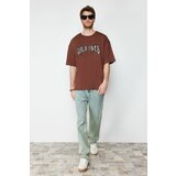 Trendyol Brown Men's Oversize Custom Embroidered 100% Cotton T-Shirt Cene