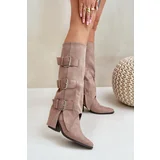 FB2 Knee High Heeled Boots With Folded Shaft And Buckles Beige Vamissa