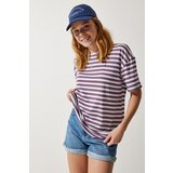 Happiness İstanbul women's lilac crew neck striped oversize knitted t-shirt Cene