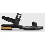 Tommy Hilfiger Usnjeni sandali HARDWARE FLAT SANDAL ženski, črna barva, FW0FW07094