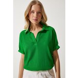  Women's Green Polo Neck Knitted Crinkle Blouse Cene