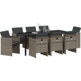 vidaXL 9-dijelni set za objedovanje u vrtu s jastučićima Sivi Poli Ratan, Vrtni stol Crni 200x80x73 cm Staklo otporno na udarce | shoptok.hr
