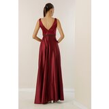 By Saygı V-Neck Thick Strap Waist Beaded Lined Wide Size Long Satin Dress | Shoptok.si