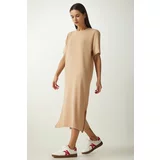 Happiness İstanbul Women's Beige Crew Neck Knitted Ribbed Dress