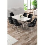 Hanah home trpezarijski set Asel, sto i 6 stolica, ploča u dekoru belog mermera, hromirane noge, crna tkanina Babyface | Eponuda.com