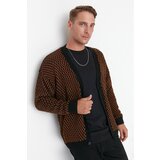 Trendyol Cinnamon Men's Oversize Fit Wide Fit V Neck Checkered Pattern Knitwear Cardigan Cene
