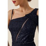 By Saygı One Side Rope Strap Waist Beaded Lined Sequin Embroidered Front Slit Long Fishtail Dress | Shoptok.si