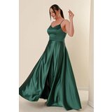 By Saygı Emerald Plus Size Long Satin Dress With Thread Straps and a Slit in the Front Cene