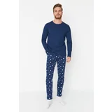 Trendyol Navy Blue Men's 100% Cotton Regular Fit Printed Knitted Pajamas Set