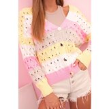 Kesi Włoski Women's striped openwork sweater with a V-neck yellow + pink | Shoptok.si