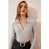 Happiness İstanbul Women's Gray Melange Polo Neck Ribbed Knitted Blouse