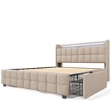 Lumor Oblazinjena postelja 140x200 cm iz lana - z LED in polnilnimi priključki za USB - 4 predali - bež, (22151389) | Shoptok.si