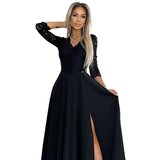 Numoco AMBER Elegant Lace Long Dress with Neckline and Slit on Legs - Black | shoptok.hr