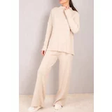 armonika Women's Beige Thick Ribbed High Neck Sleeve Buttoned Knitwear Suit