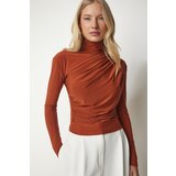Happiness İstanbul Women's Sandy Blouse with Tile Ruffle Detail Stand-Up Collar Cene