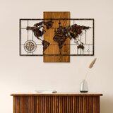 Wallity world map with compass walnut black decorative wooden wall accessory Cene