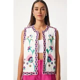 Happiness İstanbul Women's Pink White Embroidery Detailed Linen Vest