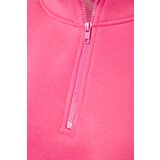 Trendyol Pink Comfort-Cut Crop Basic Zipper Stand-Up Collar Thick Fleece Inside Knitted Sweatshirt Cene