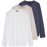 Trendyol Dark Grey-Beige-White Men's 3-Pack 100% Cotton Long Sleeve Slim/Tight Fit Basic T-Shirt Cene