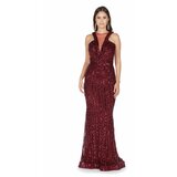 Carmen Burgundy Striped Sequined Fishnet Evening Dress cene