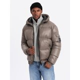 Ombre Warm men's puffer jacket with welts - dark beige Cene
