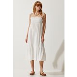 Happiness İstanbul Women's White Strappy Crinkle Summer Knitted Dress Cene