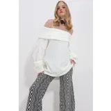 Trend Alaçatı Stili Women's Ecru Madonna Collar Ribbed Oversize Sweater