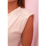 Kesi Włoski Women's sleeveless viscose blouse with decorative pearls on the shoulders in beige | shoptok.hr