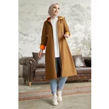 InStyle Hooded Neon Trench with Pleated Waist - Tan \ Orange