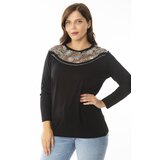 Şans Women's Plus Size Black Collar Tulle Embroidery And Stone Detailed Long Sleeve Blouse Cene