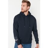 Trendyol Navy Men's Relaxed Fit Off Shoulder Hooded Printed Sweatshirt Cene