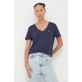 Tommy Jeans Bombažna kratka majica ženski, mornarsko modra barva