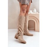 Zazoo Suede Boots With Low Heel With Shaft Below Knee Light Beige Cene