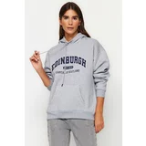 Trendyol Gray Fleece City Printed Oversize/Wide-Fit Hooded Knitted Sweatshirt