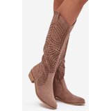 Boto Perforated Women's Knee-high Block Heeled Boots Beige Fioris | shoptok.hr
