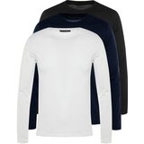 Trendyol Black-White-Navy Blue Men's Regular/Regular Cut Crew Neck Long Sleeved 3-Pack Basic T-Shirt. Cene