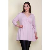 Şans Women's Plus Size Pink Wrapover Collar Tunic with Ornaments Tied Sides Cene