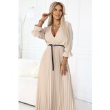 numoco basic 462-5 SERENA Pleated maxi dress with neckline, belt and 3/4 sleeves - DARK BEIGE | Shoptok.si